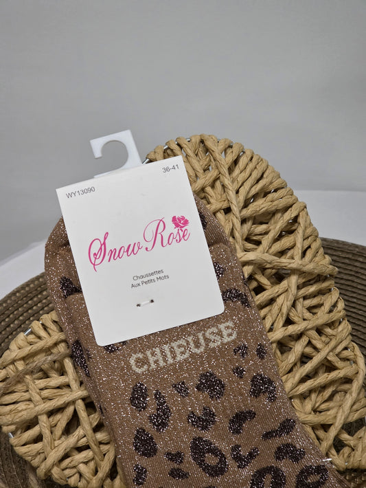 CHIEUSE - Chaussette à Paillette Léopard  Marron