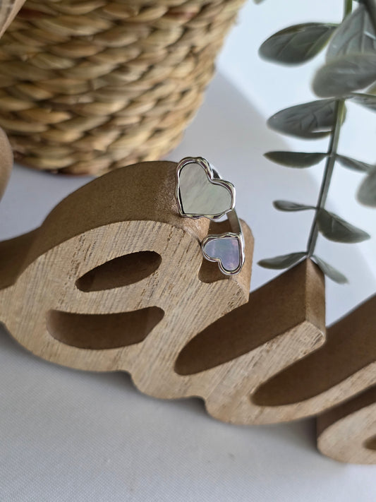 Nos Bagues Double Cœur Argenté Nacré