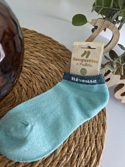 REVEUSE - Socquette à Paillette Turquoise