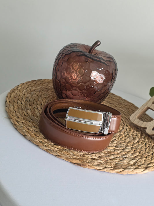 Ceinture Automatique en Cuir Camel Argenté