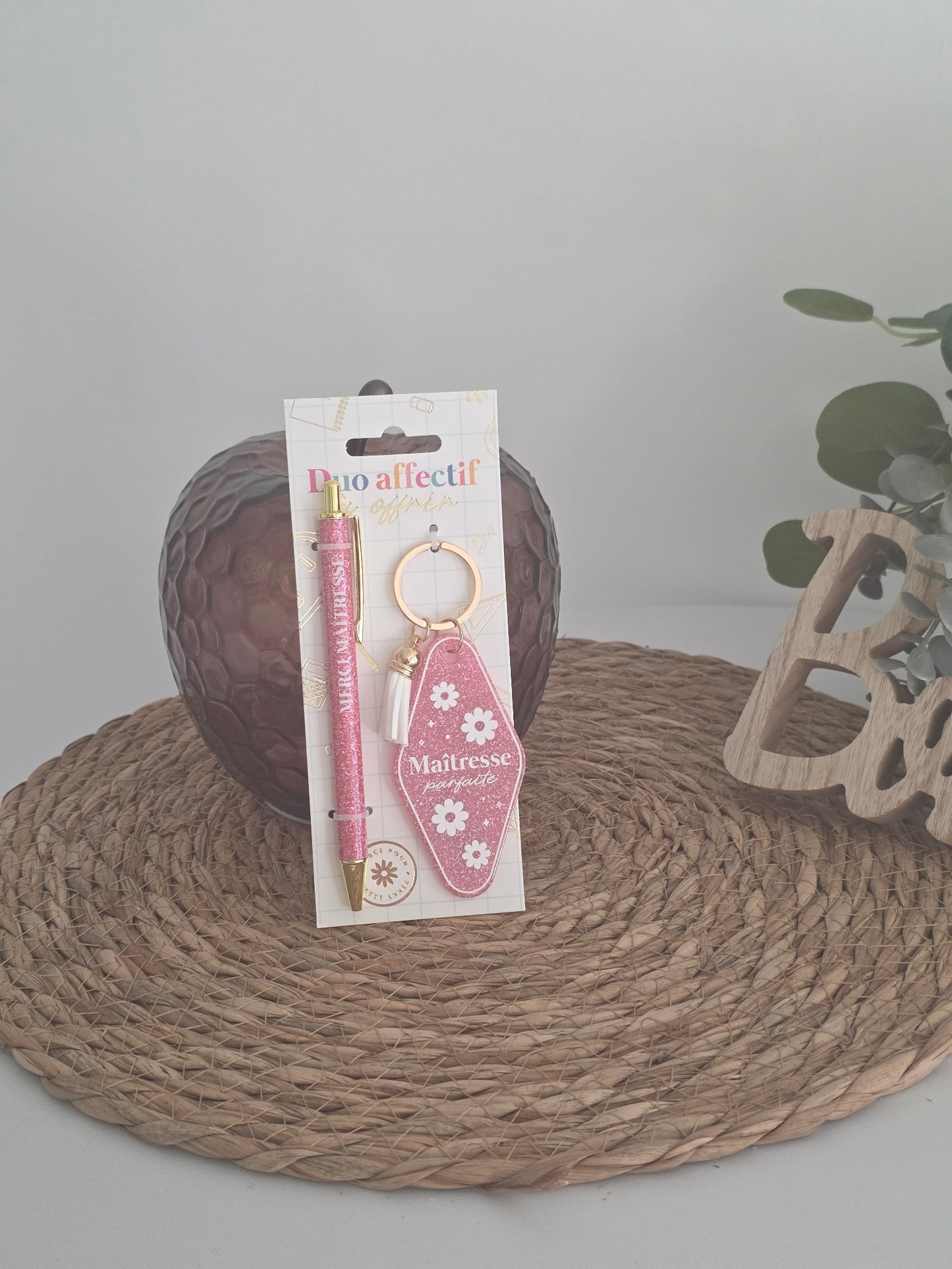 Duo Paillettes Porte-Clés et Stylo Maîtresse Rose