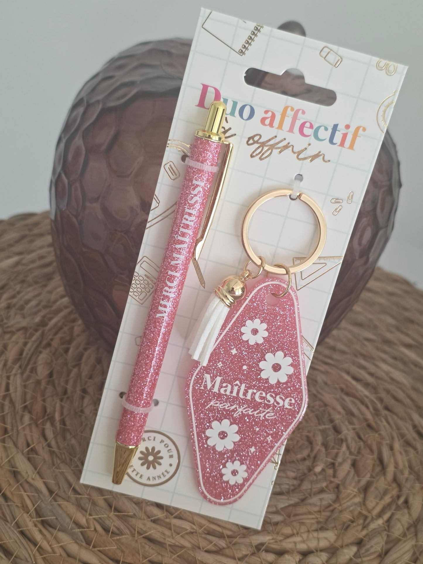 Duo Paillettes Porte-Clés et Stylo Maîtresse Rose