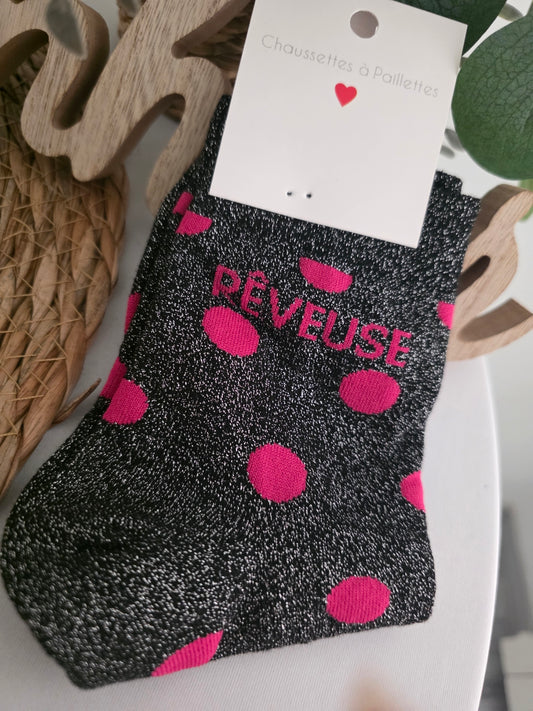 RËVEUSE POIS FUCHSIA - Chaussette à Paillette